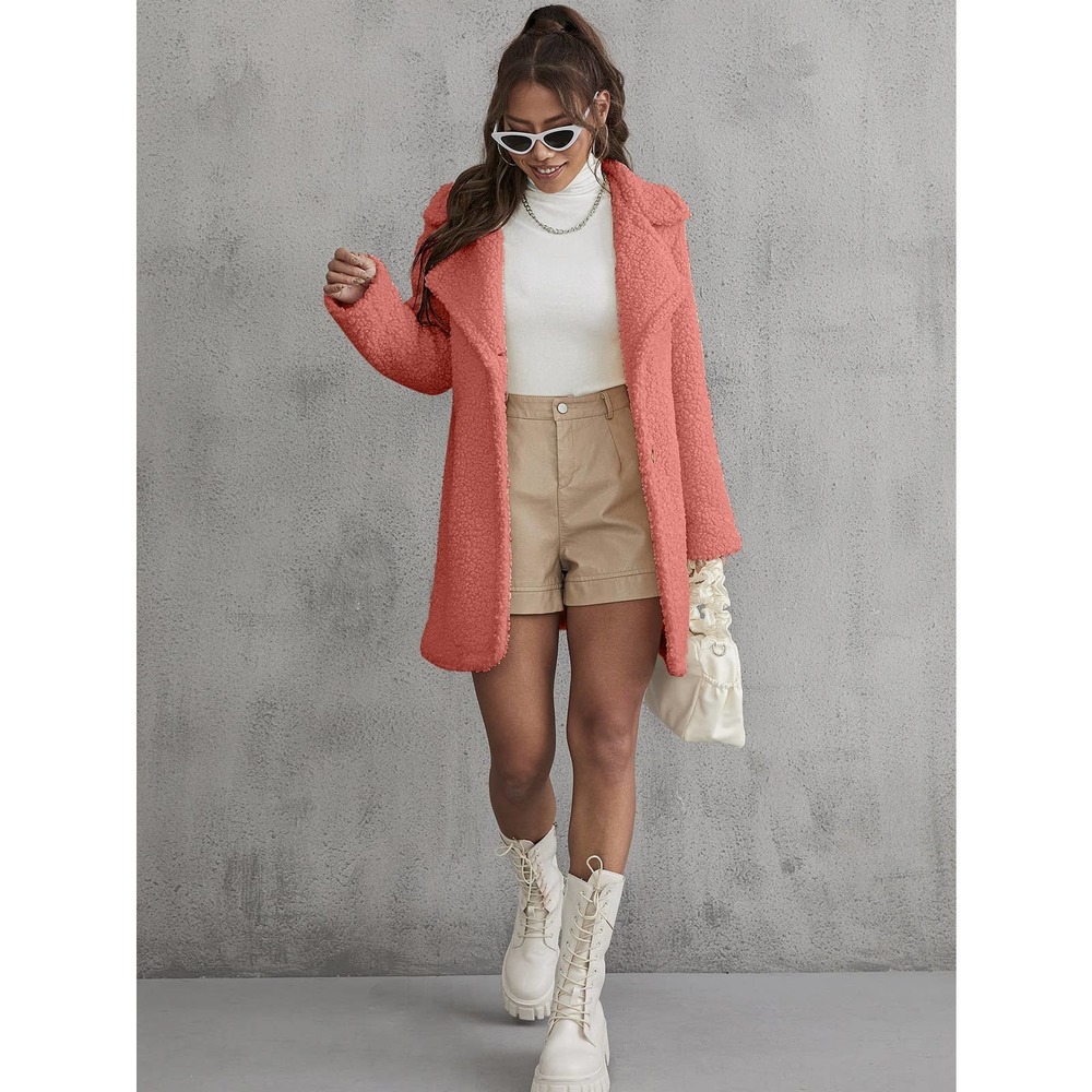 Button Front Teddy Coat Long Trench Coat Jacket hot pink faux fur - Picture 8 of 9
